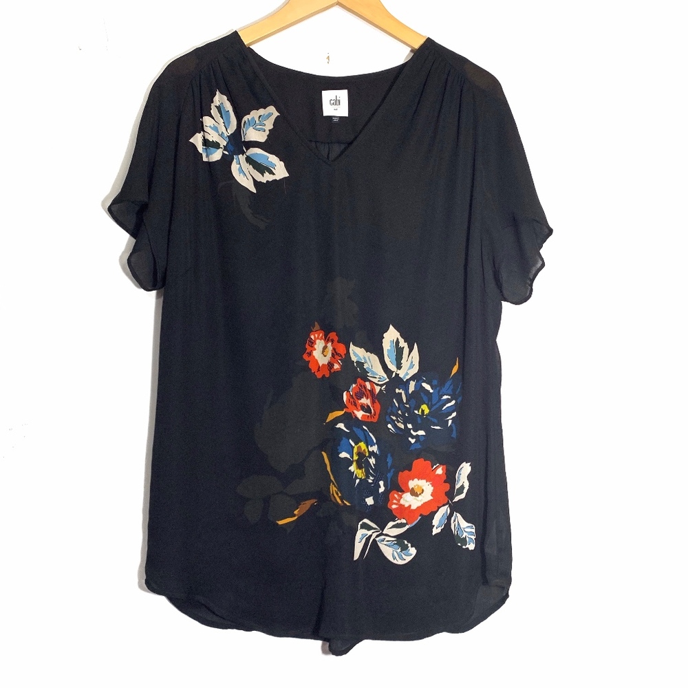 Cabi Fiore Floral Tunic Blouse Medium Black